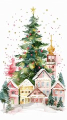 Obraz premium Charming old town square with decorated historic facades, a glowing pine tree, and holiday ambiance..