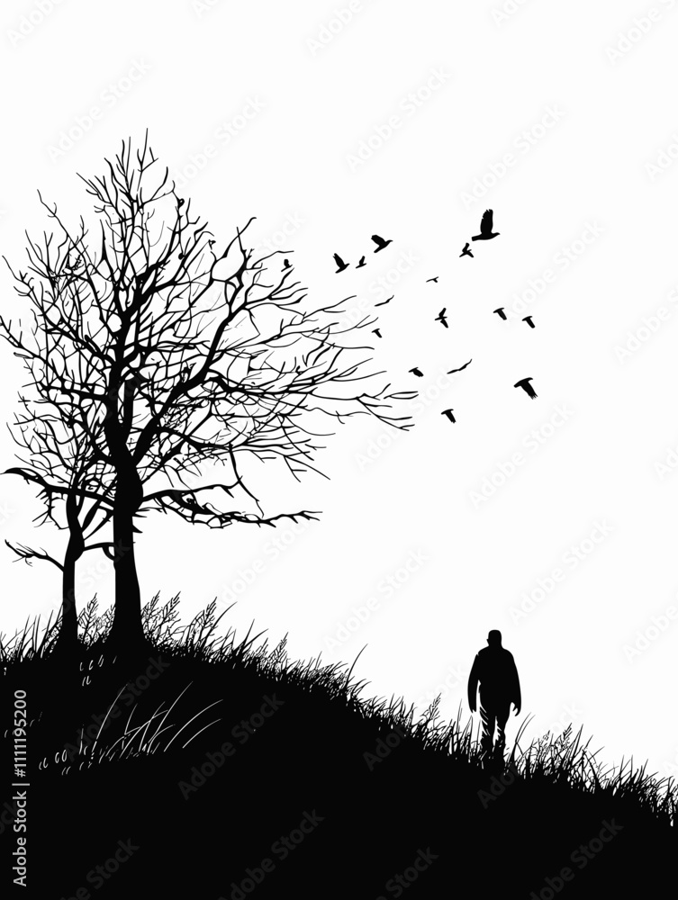 Poster man is walking in a field with a tree in the background. the sky is cloudy and the birds are flying 