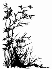 The image is a black and white drawing of a bamboo forest with a grassy border. The bamboo trees are tall and slender, with their leaves and branches reaching towards the sky