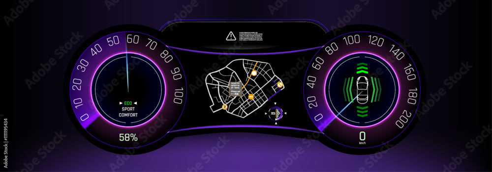 Poster modern digital dashboard display showcasing vehicle navigation and speed metrics in a sleek design.