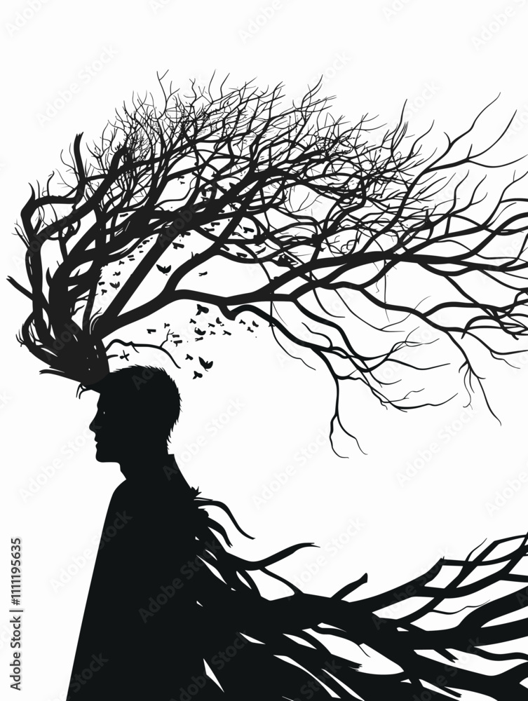 Poster tree with a head growing out of it. the tree is surrounded by branches and leaves, and it is a silho