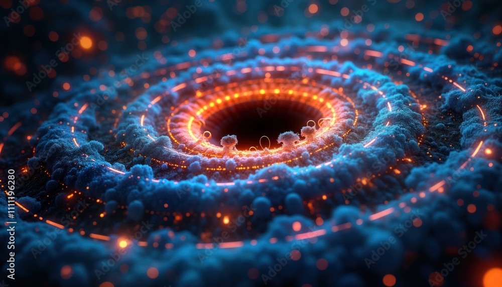 Fototapete neon-encoded equations swirl around dark central point. bright colors, lines create dynamic motion. 