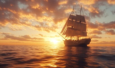 Fototapeta premium A majestic sailing ship with full white sails glides through the ocean at sunset, casting a warm, golden glow across the sky and water.
