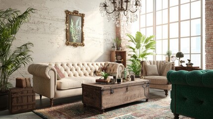 Obraz premium Luxurious Eclectic Living Room with Vintage Furniture and Glamorous Chandelier | Y2K Vibe Interior Design Concept