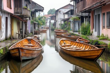 Obraz premium Wooden boats moored along canal, aged buildings.