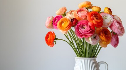 Fototapeta premium Vibrant ranunculus flowers in white vase, colorful floral arrangement, fresh blooming flowers, bright multicolor petals, spring home decor, elegant flower display