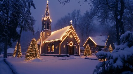 A beautifully lit church surrounded by snow and festive trees during winter twilight.
