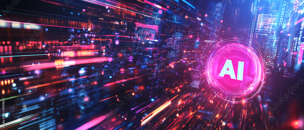 Poster Vibrant digital representation of artificial intelligence showcasing dynamic light patterns in a futuristic environment