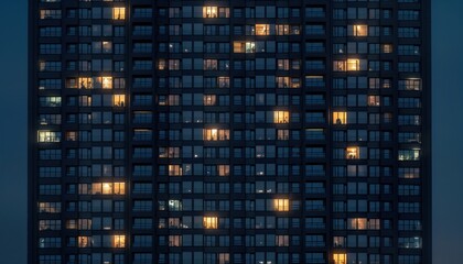 Modern skyscraper facade at night. Glowing lights illuminate apartment windows. Patterned windows show city life. Dark exterior. Urban architecture. Modern design. Residential building. Urban