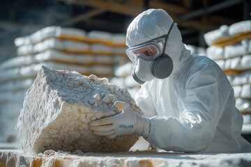 Industrial worker handles large chunk of asbestos without safety gear. Hazardous material handling in factory environment risks mesothelioma. Protective equipment absence highlights occupational