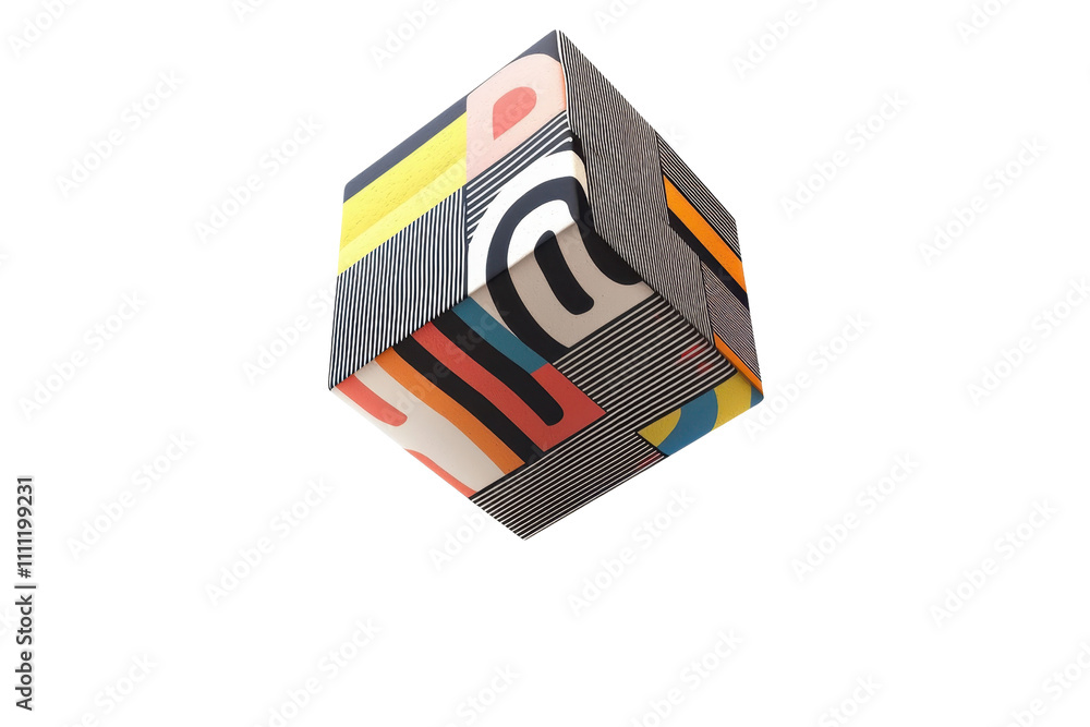Poster a colorful cube adorned with abstract patterns and vibrant designs, showcasing a modern artistic sty
