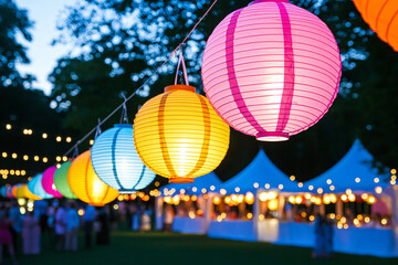 an evening outdoor festival illuminated by vibrant lanterns in an array of colors