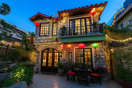 Brightly decorated Filipino home showcasing vibrant parol lanterns during a festive dusk