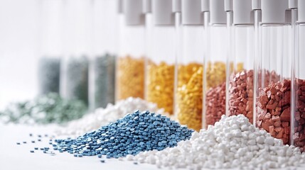 Colorful granules in test tubes, showcasing materials for manufacturing or research.