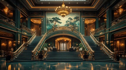 Fototapeta premium Grand opulent mansion interior with double staircase, gold accents, and large mural.