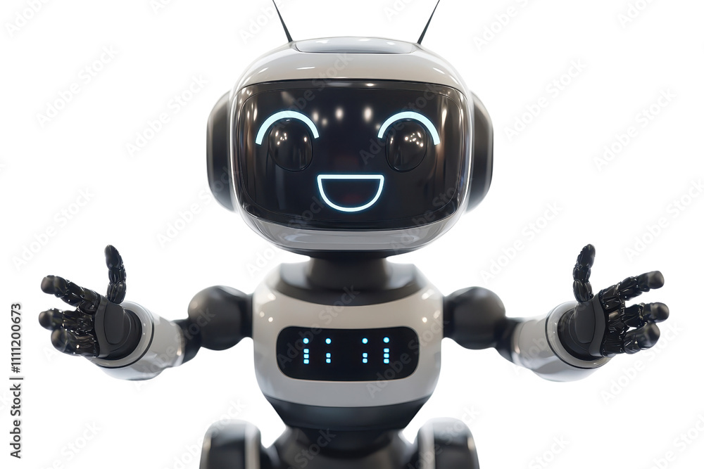 Poster a friendly robot with a smiling face and welcoming arms, designed for interaction and engagement.