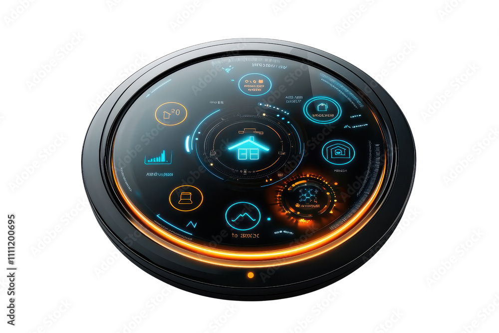 Poster a sleek, futuristic control panel featuring illuminated icons and a circular design with vibrant col