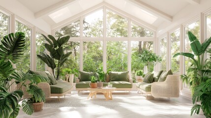 Fototapeta premium Sunlit Y2K Sunroom Oasis with Playful Decor | Lively Indoor Garden Room with Bright Furniture and Natural Light | Ultra-Detailed Photorealistic Scene