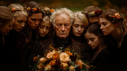 Fototapeta premium An elderly man stands in the center, holding a flower bouquet, surrounded by women in nature, all lost in contemplation during a poignant gathering
