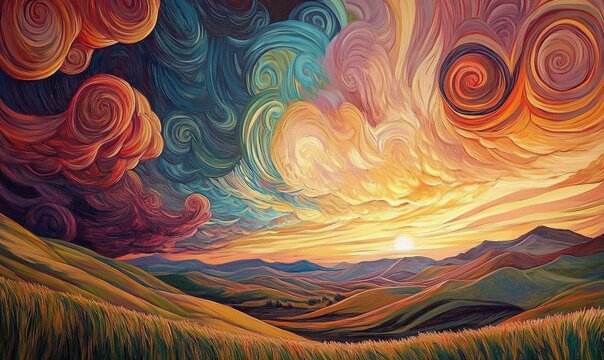 A surreal landscape painting with rolling hills, swirling clouds, and a sunset creating a dreamy atmosphere