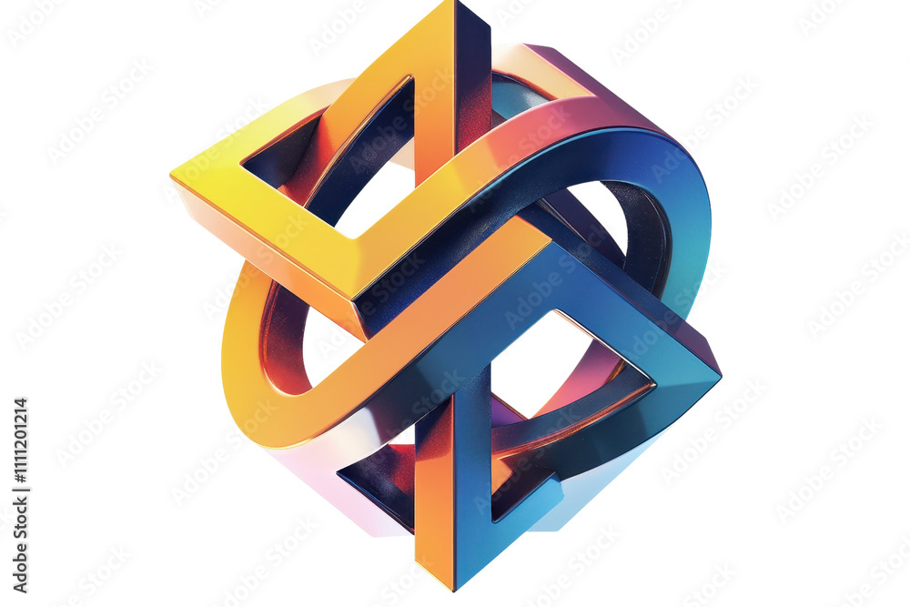 Poster a colorful, intertwined geometric shape featuring multiple loops and dimensions, showcasing a blend 