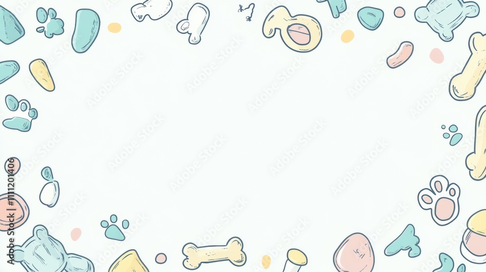 Poster a colorful doodle banner filled with playful dog toys, bones, and paw prints, designed with empty sp