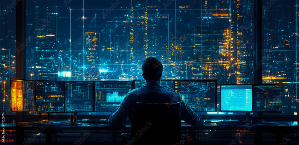 Poster a person in a dark room focuses on several monitors displaying data while a vibrant city skyline glo