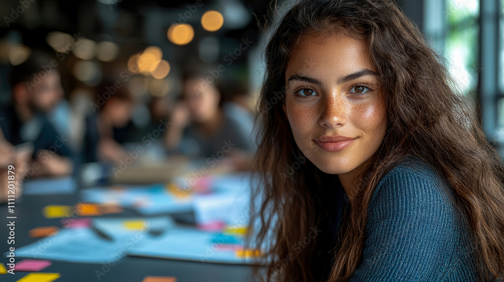 Poster a woman smiles while participating in a collaborative brainstorming session surrounded by colorful n