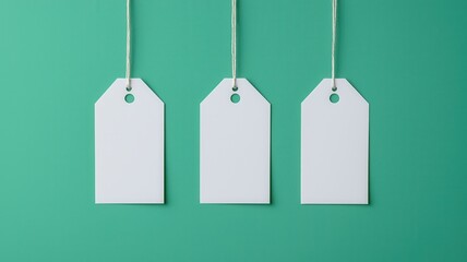 Fototapeta premium Three blank price tags hanging against a teal background, ideal for customization or labeling purposes.