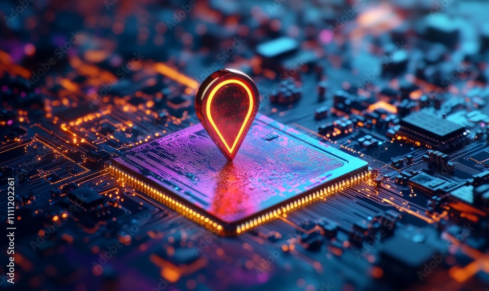 Poster a vibrant, digital representation of a location pin on a microchip, symbolizing the intersection of 