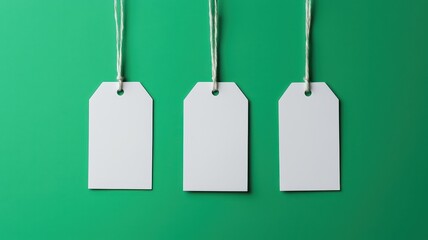 Fototapeta premium Blank tags hang against a vibrant green background, ideal for labeling, pricing, or gifting purposes.