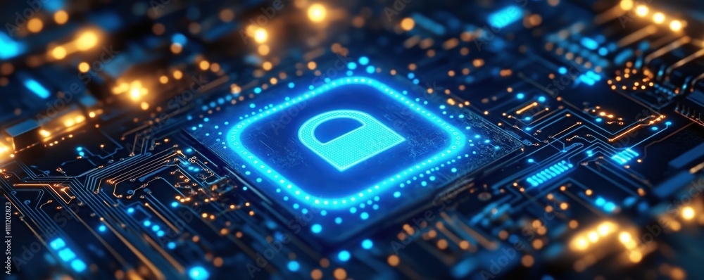 Fototapete Secure digital identity tech in virtual space. Illustration shows glowing lock icon on circuit board. Advanced cyber security tech. Virtual space protection concept. Modern data protection tech.