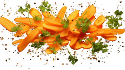 Close-up of a vibrant carrot slice in free fall, showcasing freshness and vitality.