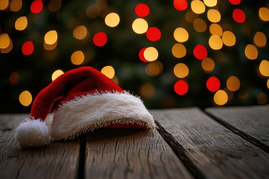 Weihnachtsm&uuml;tze auf dunklem Holztisch Rotes und goldenes Bokeh Stimmungsvolle Weihnachtsdekoration Festliche Atmosph&auml;re Eleganter Hintergrund f&uuml;r Weihnachtsdesign und Werbung