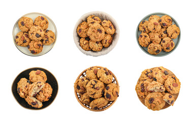 Set of yummy cookies with nuts and dried cranberries isolated on white, top view