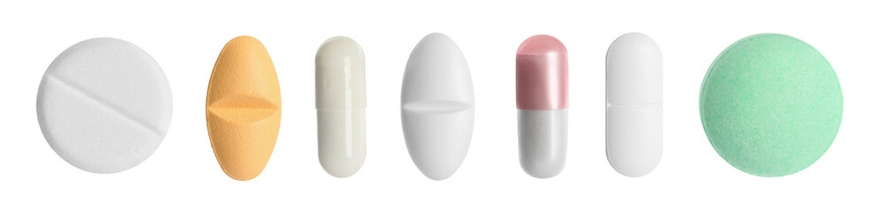 Set of different antibiotic pills isolated on white