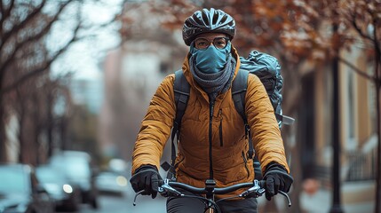 Naklejka premium Eco friendly, businesswoman ride bicycle in downtown to reduce carbon footprint. Cycling alternative transport commuting to green energy, generated AI