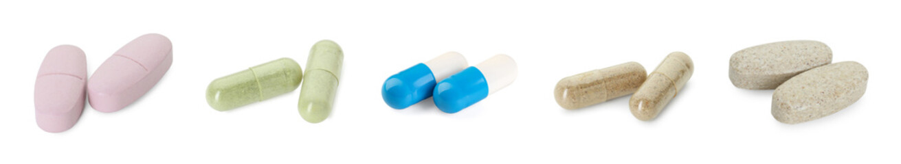 Set of different antibiotic pills isolated on white