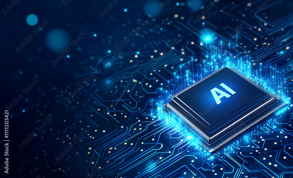 Poster High-tech microchip with AI technology illuminated against a blue digital background