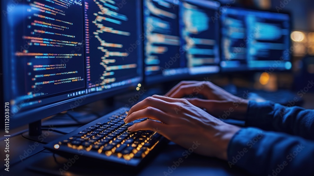 Poster Hands type on illuminated computer keyboard. Multiple computer screens show code. Person works on tech project at night. Coding session. Person focused on work. Tech developer. Programming work.