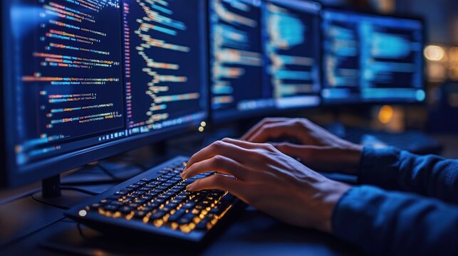 Hands type on illuminated computer keyboard. Multiple computer screens show code. Person works on tech project at night. Coding session. Person focused on work. Tech developer. Programming work.