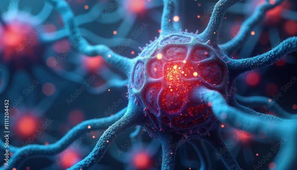 Aufkleber 3D render of interconnected microscopic neurons. Neural network abstraction shows activity. Biological processes visible at cellular level. Medical science focus. Abstract representation. Cellular
