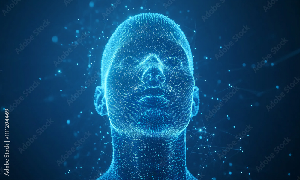 Poster digital representation of a human head illuminated with glowing particles and information flow
