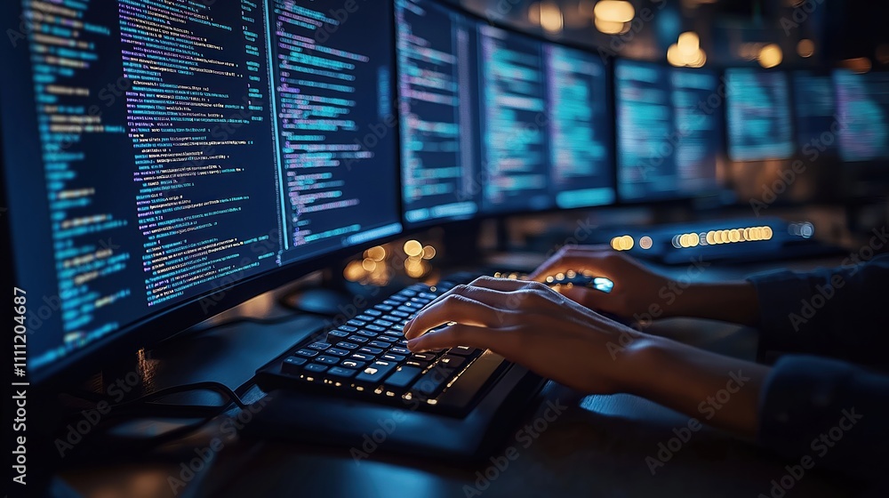 Aufkleber Person types on computer keyboard. Multiple computer screens show code. Programmer works late at night. Focus on hands typing. Tech industry. Coding session.