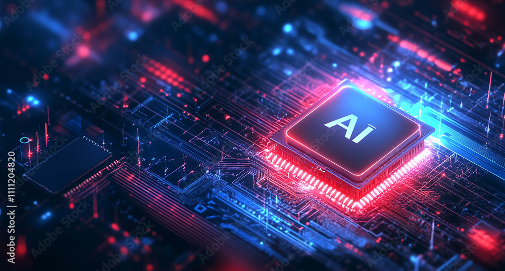 Poster Advanced artificial intelligence chip on a glowing circuit board in a futuristic digital environment