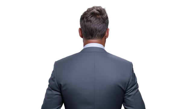 Professional man in suit viewed from the back on transparent background
