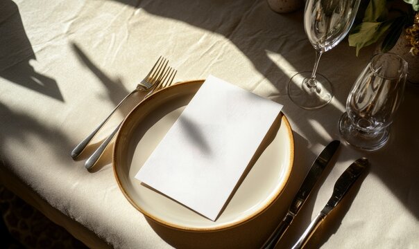 Elegant dining table setting with blank white menu mockup laying on plate. Restaurant paper invitation card template with copy space for weddings, romantic dinner - Powered by Adobe