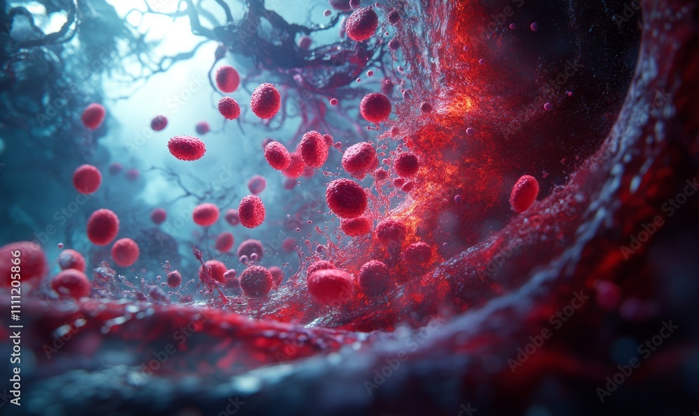 Poster dynamic representation of blood cells and flowing nutrients within a vessel, highlighting the life-s