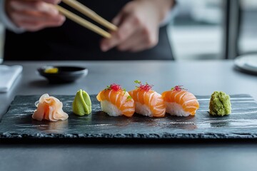 Fresh sushi platter with assorted rolls served on a slate plate.