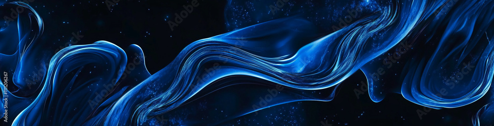 Poster Flowing blue waves create a mesmerizing abstract pattern in a dark background at nighttime